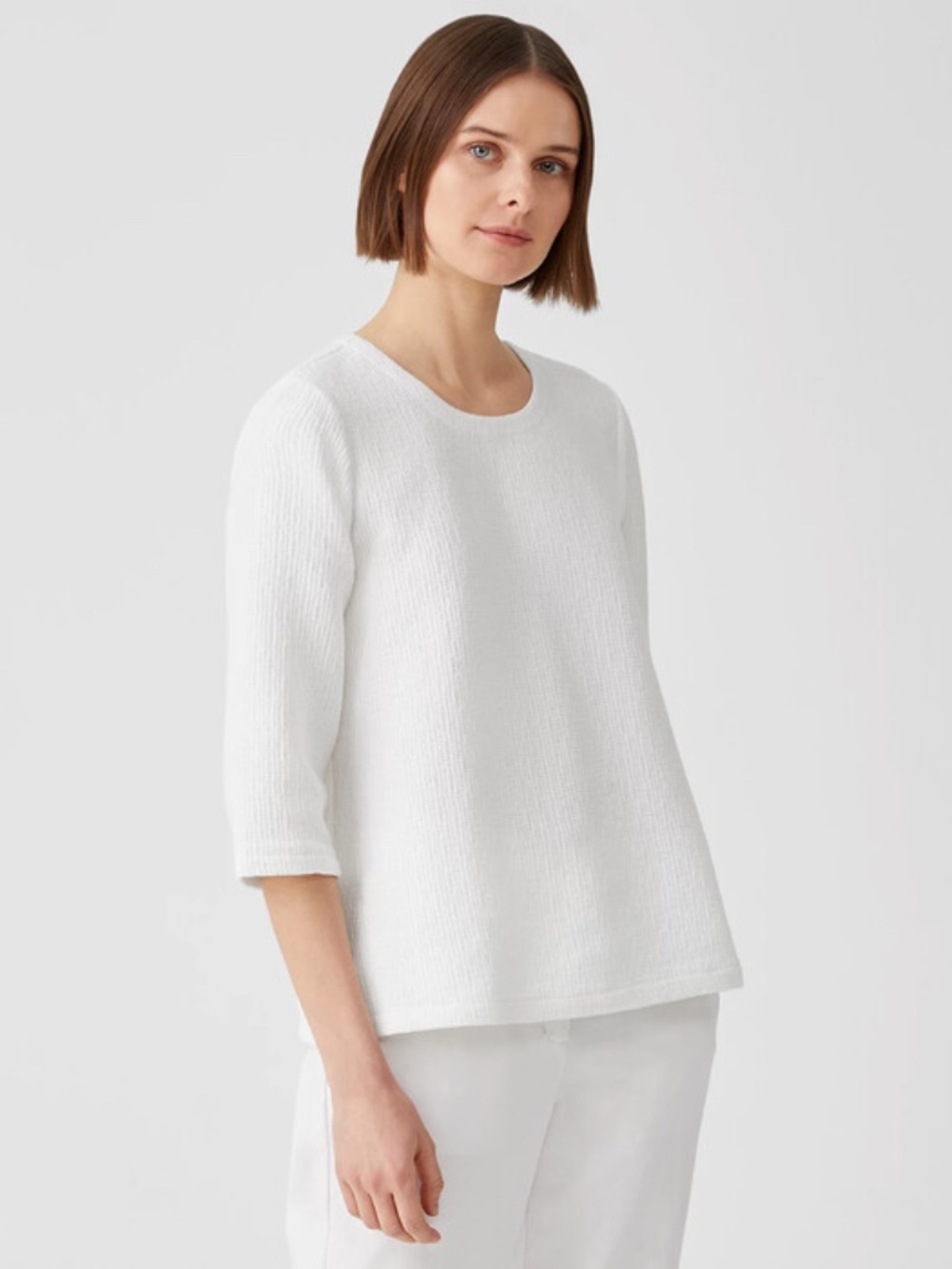 EILEEN FISHER Textured Cotton Ripple Round Neck Top, White, Size XL, NWT